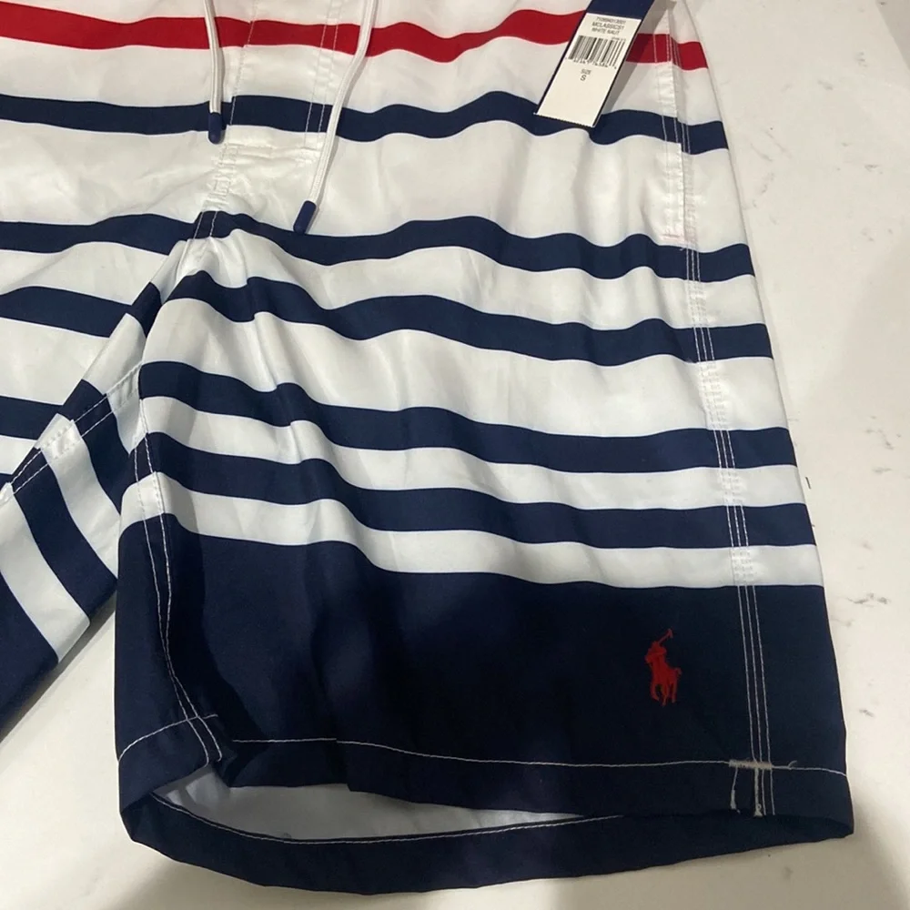 Polo Ralph Lauren Swim Trunks Mens Small Blue White Red Striped Board Shorts NWT - Picture 2 of 15